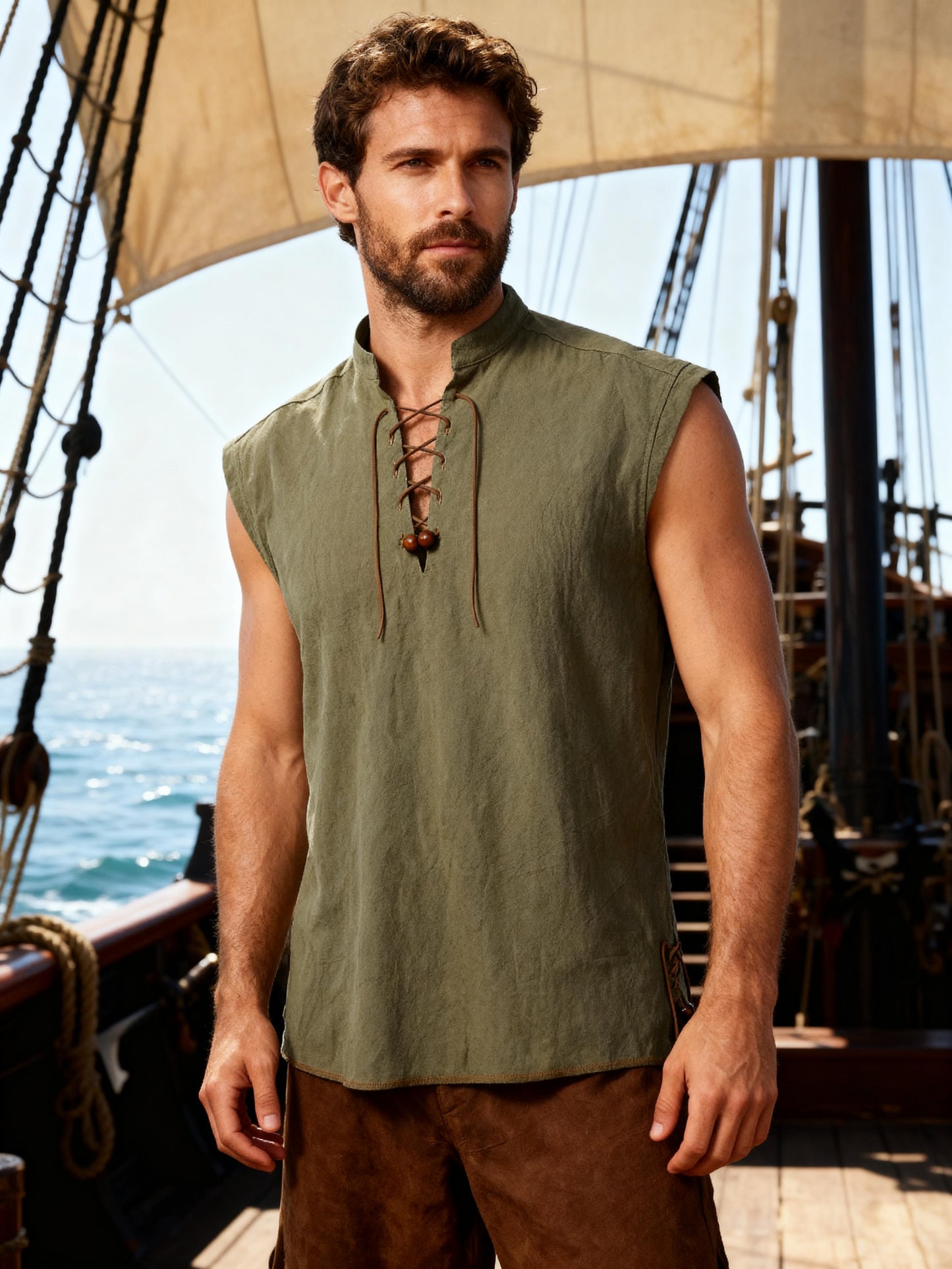 JEMITOP Men's Retro Pure Cotton Lace Up Sleeveless Shirts for Pirate Renaissance Medieval Viking Costume