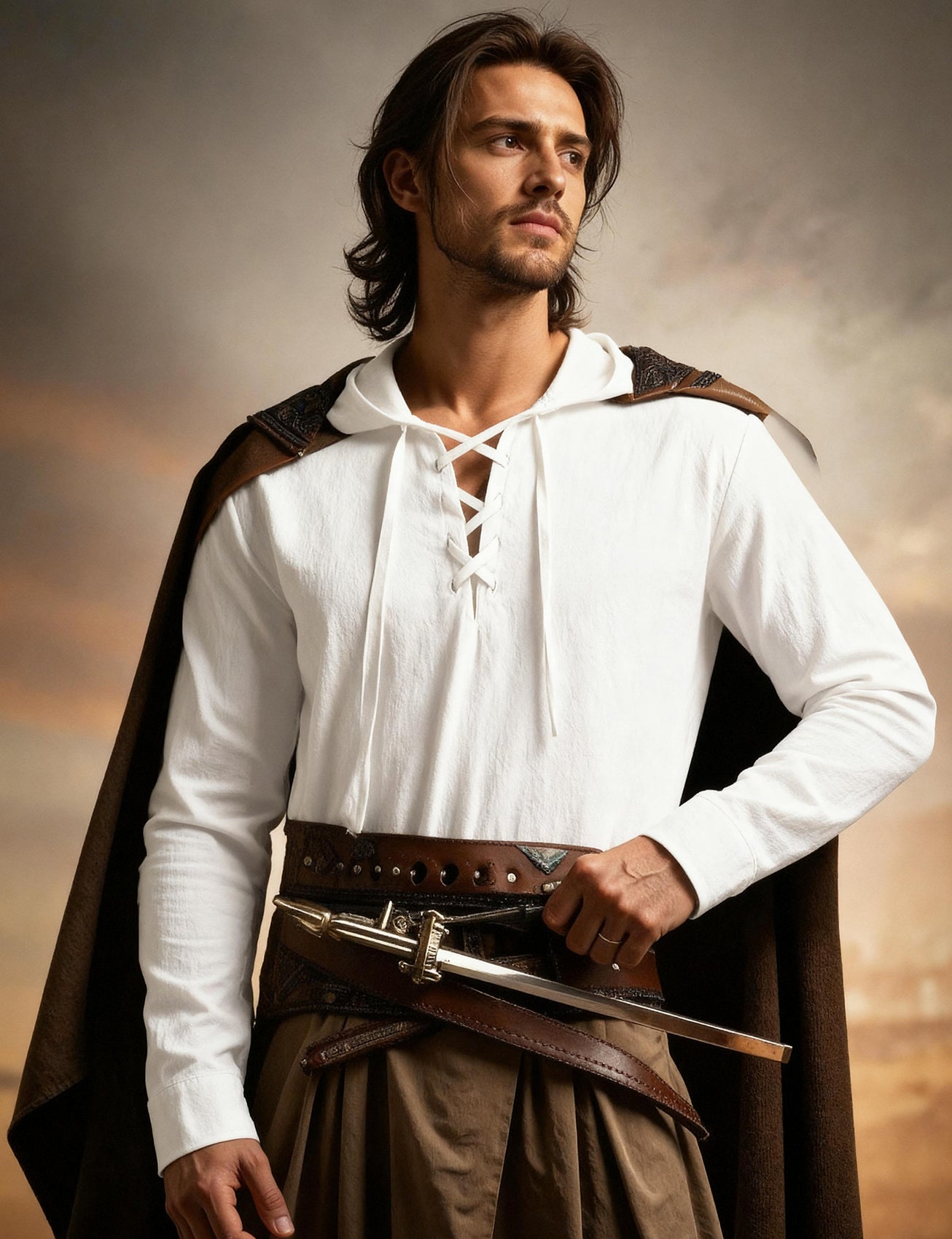 JEMITOP Men's Pure Cotton Retro Style Lace Up Hooded Shirts for Renaissance Pirate Viking Medieval Costume