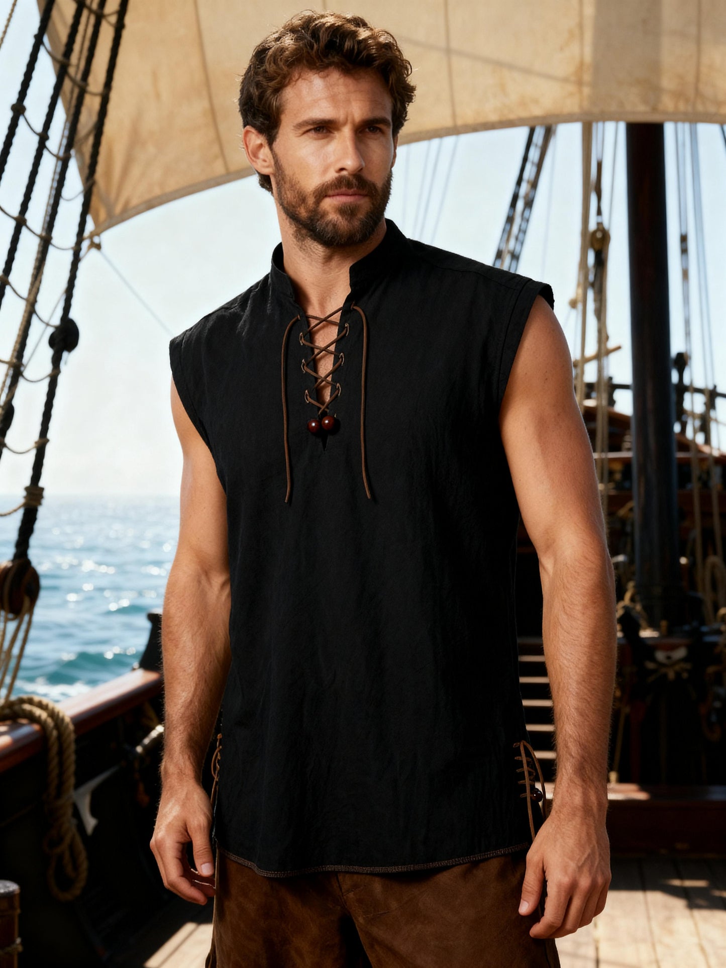 JEMITOP Men's Retro Pure Cotton Lace Up Sleeveless Shirts for Pirate Renaissance Medieval Viking Costume