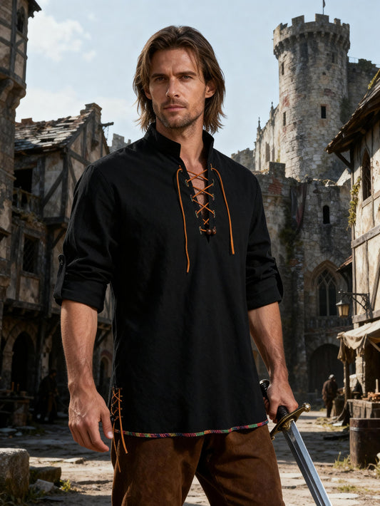 JEMITOP Men's Pure Cotton Retro Lace Up Shirts for Renaissance Pirate Viking Medieval