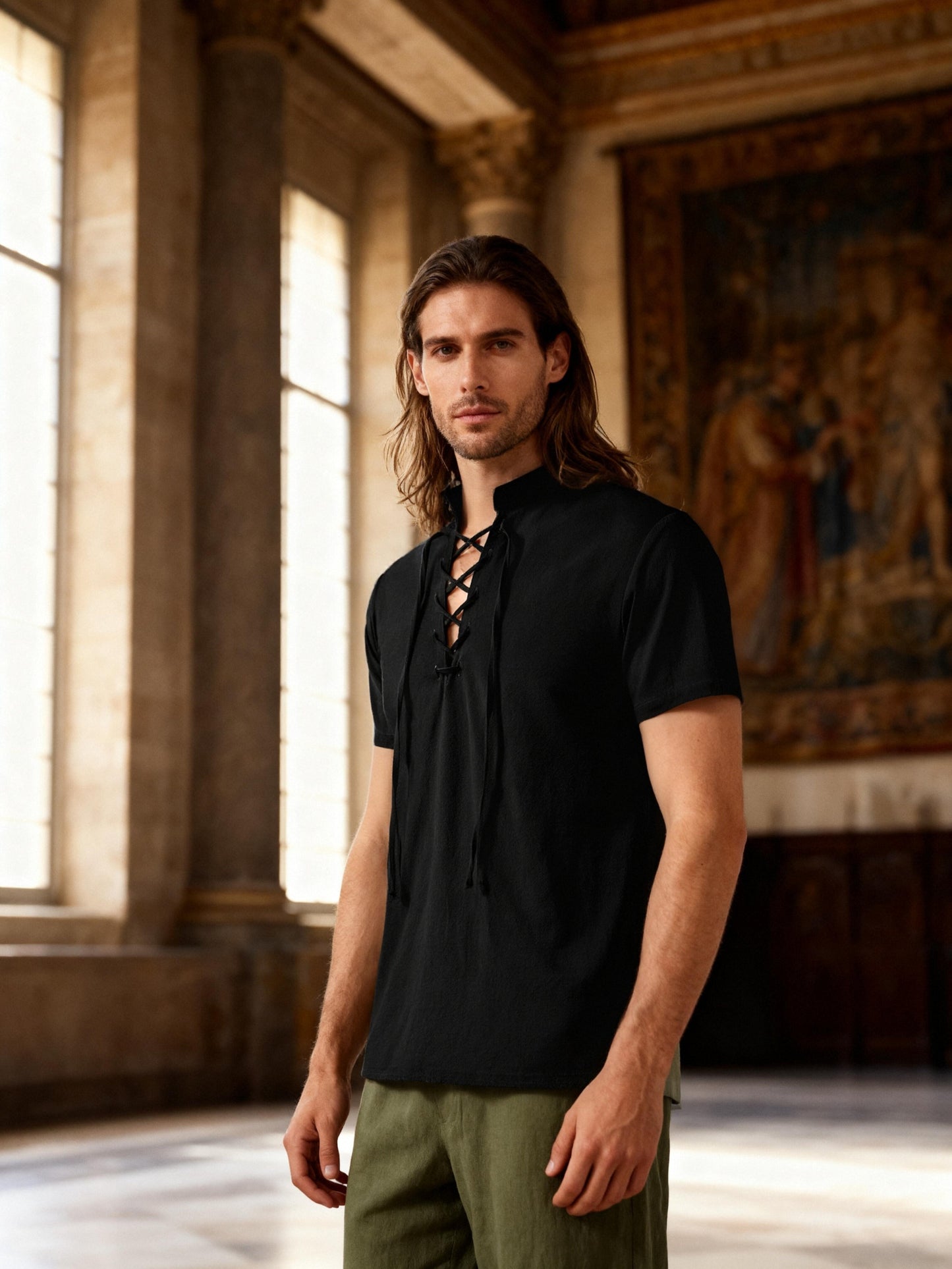 JEMITOP Men's Pure Cotton Vintage Short Sleeve Lace Up Shirts for Renaissance Pirate Viking Medieval Costume
