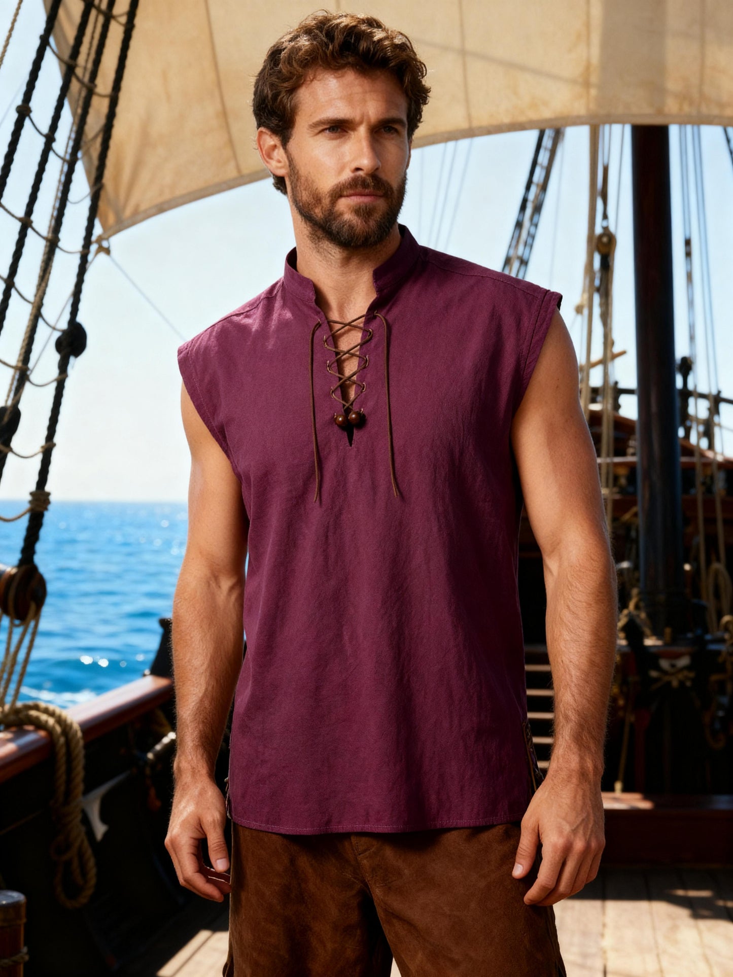 JEMITOP Men's Retro Pure Cotton Lace Up Sleeveless Shirts for Pirate Renaissance Medieval Viking Costume