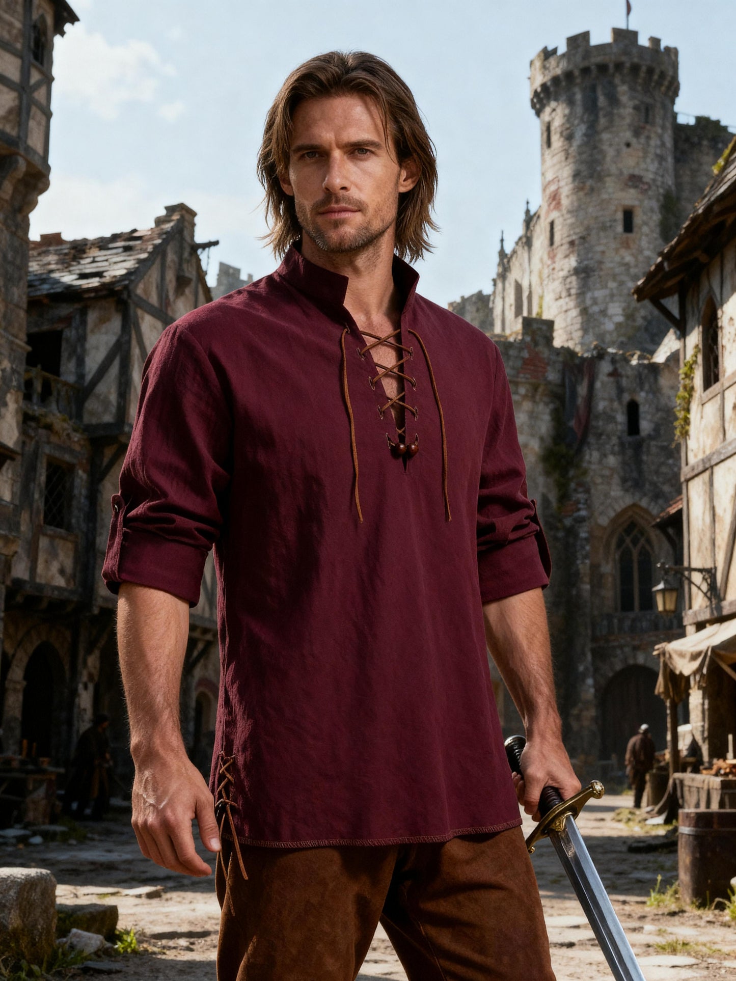 JEMITOP Men's Pure Cotton Retro Lace Up Shirts for Renaissance Pirate Viking Medieval