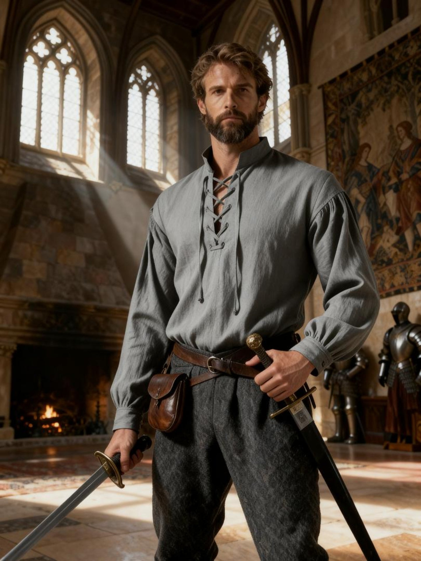 JEMITOP Men's Pure Cotton Retro Lace Up Shirts for Renaissance Pirate Medieval Viking