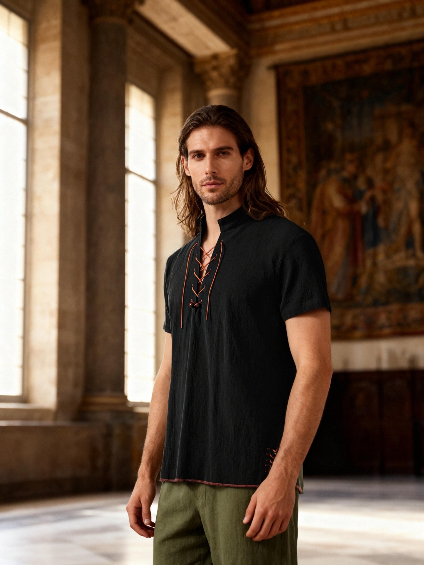 JEMITOP Men's Pure Cotton Vintage Short Sleeve Lace Up Shirts for Renaissance Pirate Viking Medieval Costume