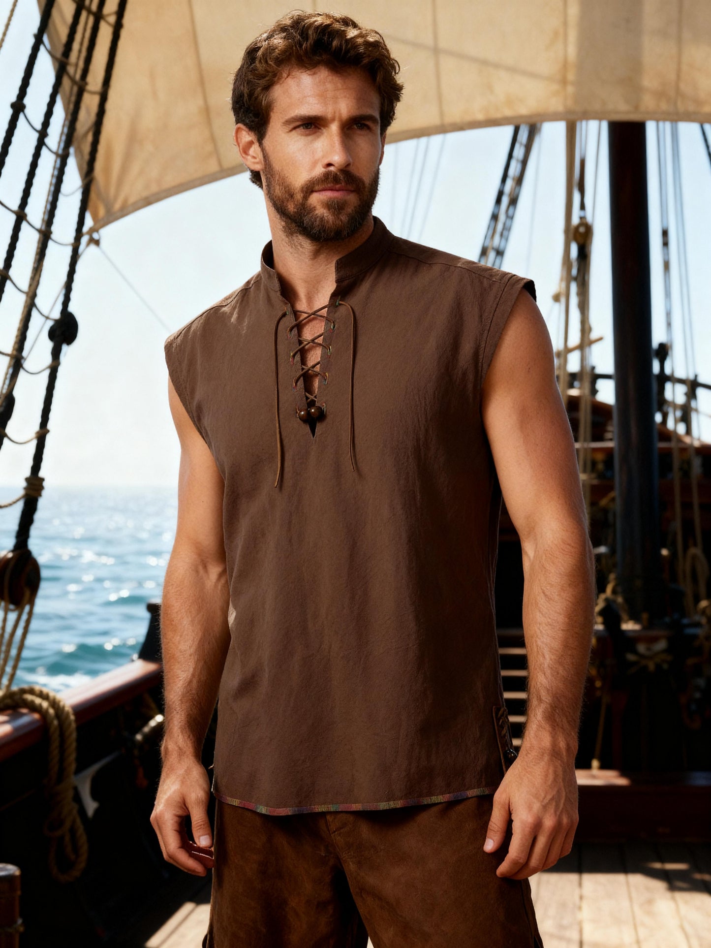 JEMITOP Men's Retro Pure Cotton Lace Up Sleeveless Shirts for Pirate Renaissance Medieval Viking Costume