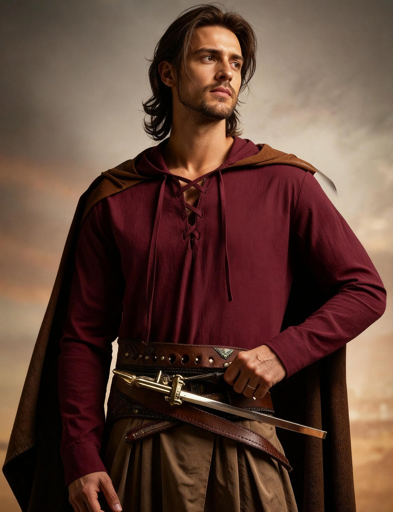 JEMITOP Men's Pure Cotton Retro Style Lace Up Hooded Shirts for Renaissance Pirate Viking Medieval Costume