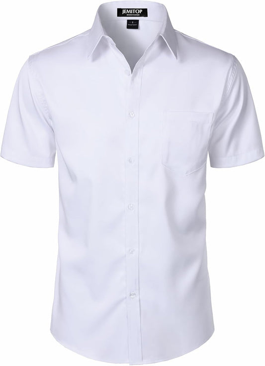 JEMITOP Men's Stretch Slim Fit Dress Shirts Formal Wedding Prom Short Sleeve Button Down Shirt with Pocket