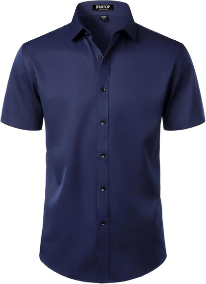 JEMITOP Herren-Hemd, dehnbar, knitterfrei, für formelle Anlässe, Hochzeiten, Abschlussbälle, kurzärmelig, Slim Fit, Button-Down-Hemd