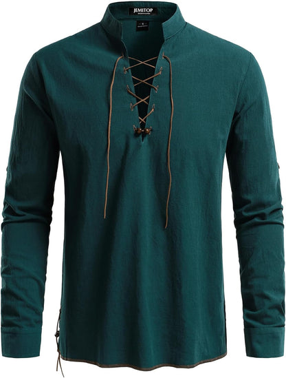 JEMITOP Men's Pure Cotton Retro Lace Up Shirts for Renaissance Pirate Viking Medieval