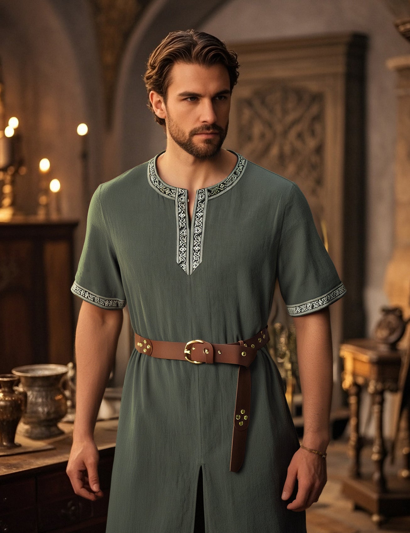 JEMITOP Men's Retro Style Cotton Short Sleeves Tunic Shirts for Viking Medieval Renaissance Costume Without Belt