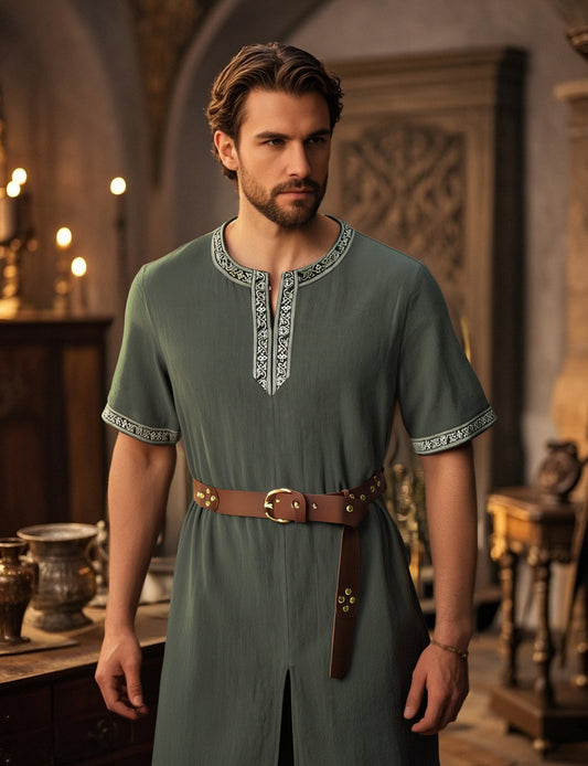 JEMITOP Men's Retro Style Cotton Short Sleeves Tunic Shirts for Viking Medieval Renaissance Costume Without Belt