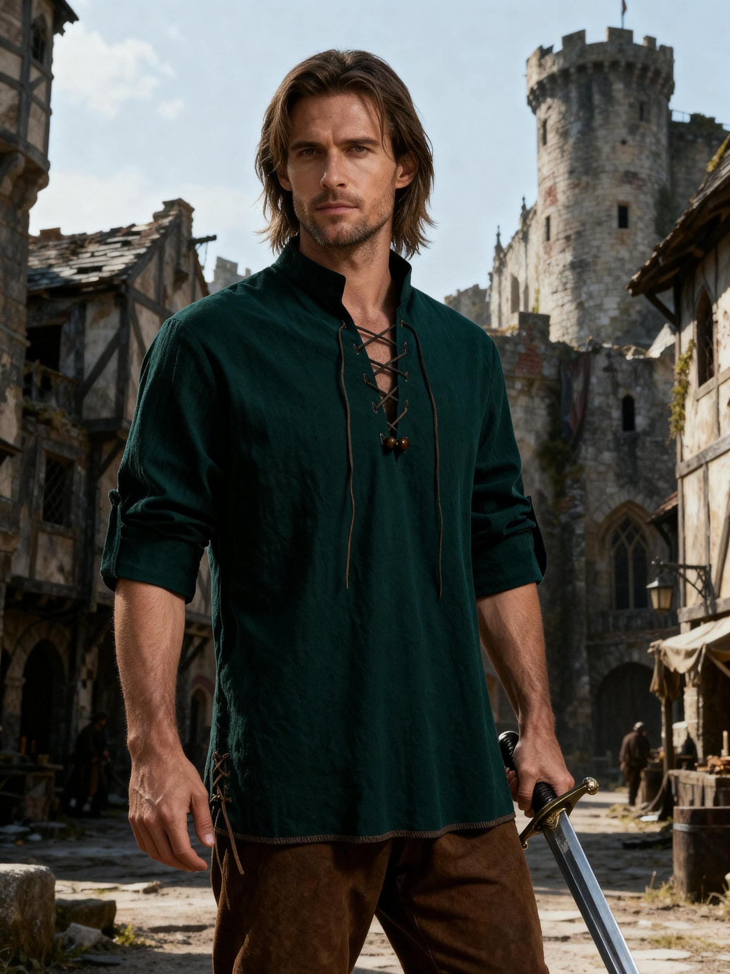 JEMITOP Men's Pure Cotton Retro Lace Up Shirts for Renaissance Pirate Viking Medieval