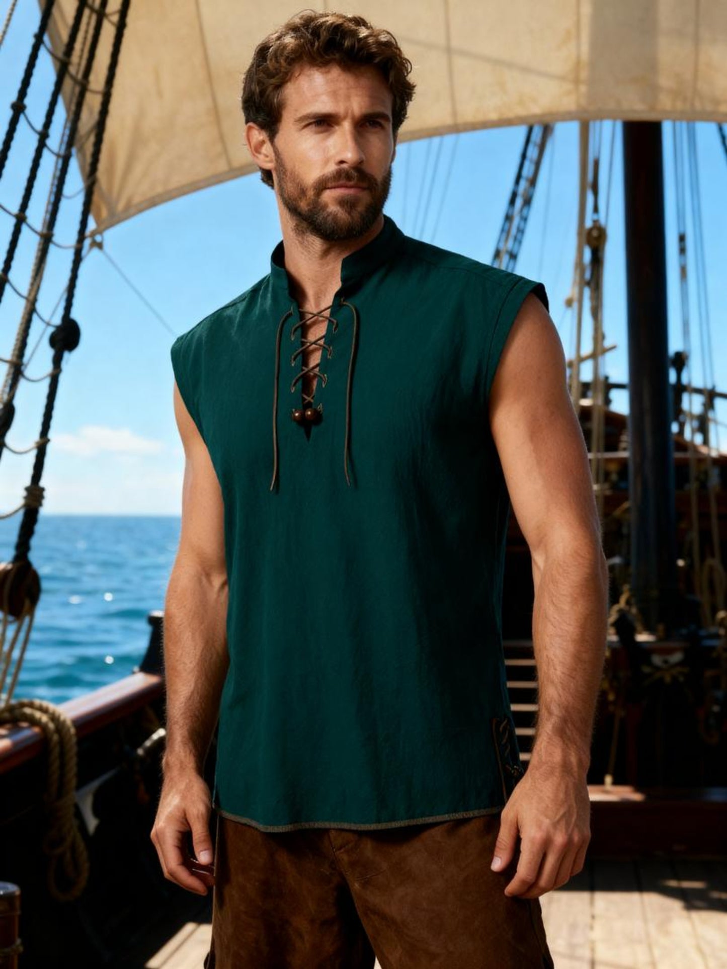 JEMITOP Men's Retro Pure Cotton Lace Up Sleeveless Shirts for Pirate Renaissance Medieval Viking Costume