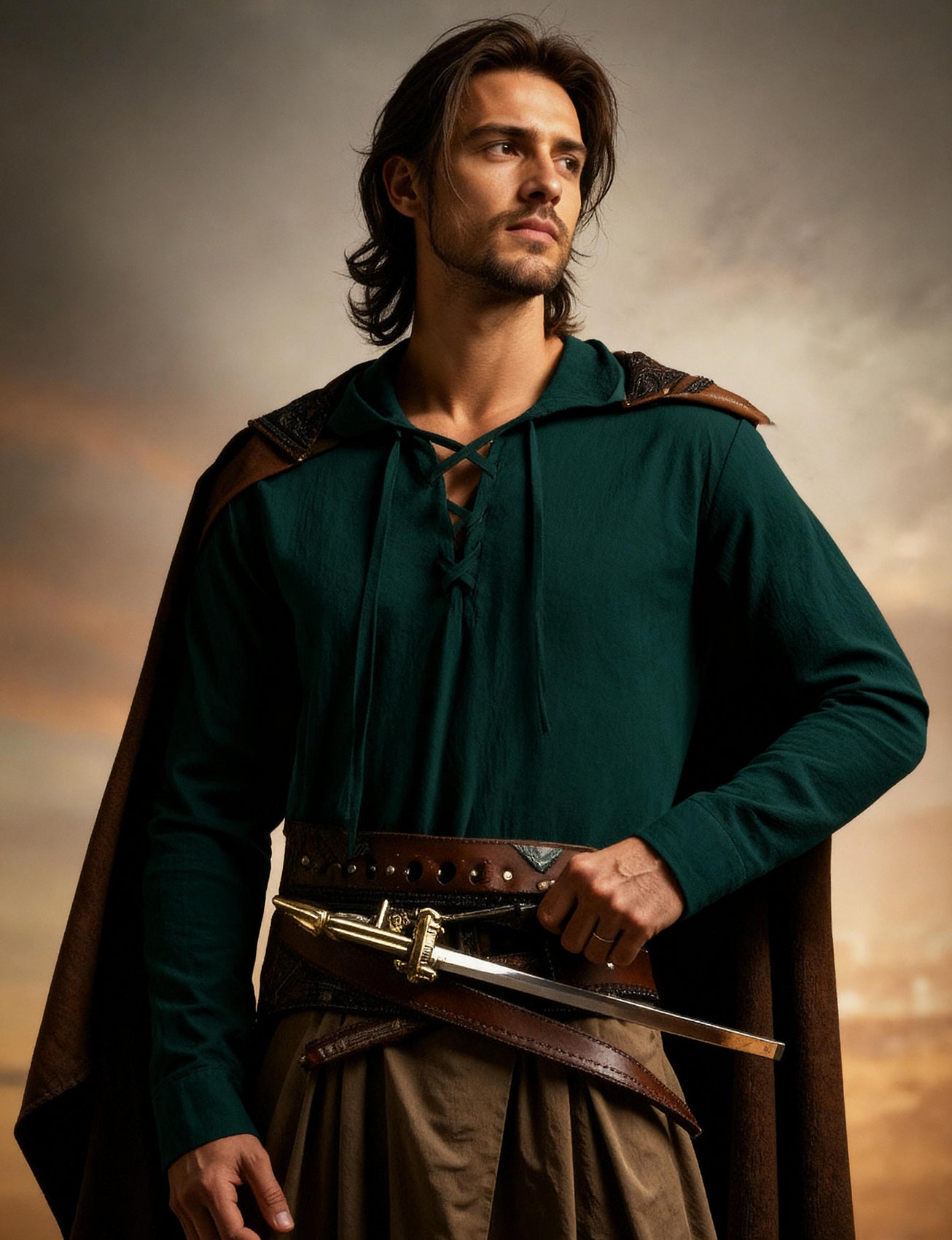 JEMITOP Men's Pure Cotton Retro Style Lace Up Hooded Shirts for Renaissance Pirate Viking Medieval Costume
