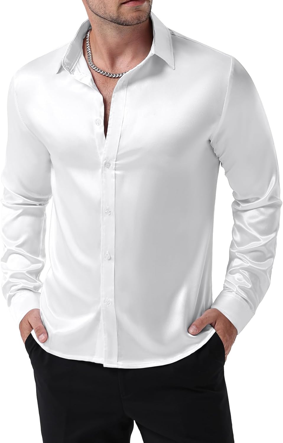 JEMITOP Mens Shiny Luxury Satin Slim Fit Dress Shirts Silk-Like Glossy Long Sleeve Button Down Shirts for Wedding Party Prom