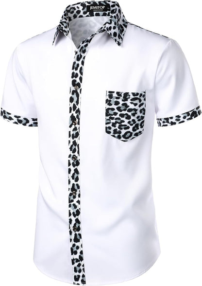 JEMITOP Men's Stretchy Causal Leopard Cheetah Print Short Sleeve Slim Fit Button Up Shirt