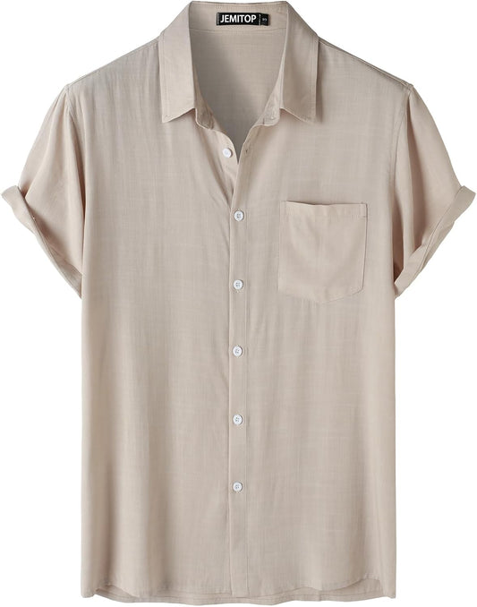 JEMITOP Men's Summer Cooling Shirts Lightweight Breathable Short Sleeve Button up Shirts for Beach Vacation with Pocket