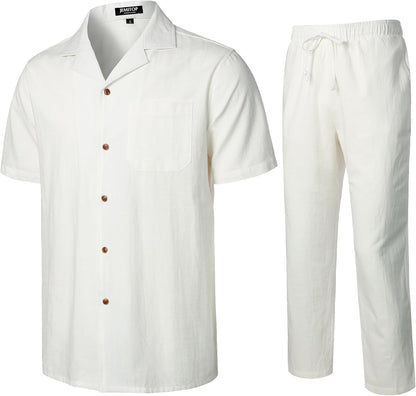 JEMITOP Herren-Set aus Leinen, 2-teilig, Sommer, entspannte Passform, kubanischer Kragen, Spazieranzug für Strand, Hochzeit, Urlaub