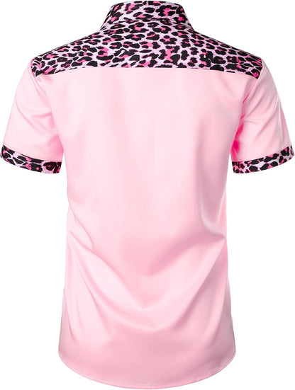 JEMITOP Men's Stretchy Causal Leopard Cheetah Print Short Sleeve Slim Fit Button Up Shirt