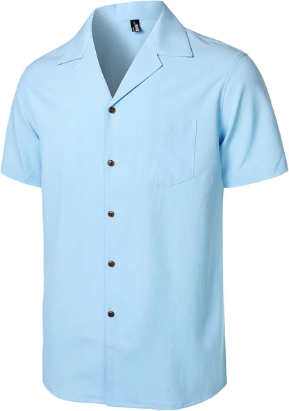 JEMITOP Men's Stretch Cuban Collar Shirt Summer Lightweight Short Sleeve Button Down Shirts with Pocket for Beach Vacation
