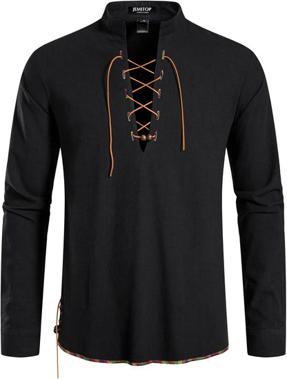 JEMITOP Men's Pure Cotton Retro Lace Up Shirts for Renaissance Pirate Viking Medieval