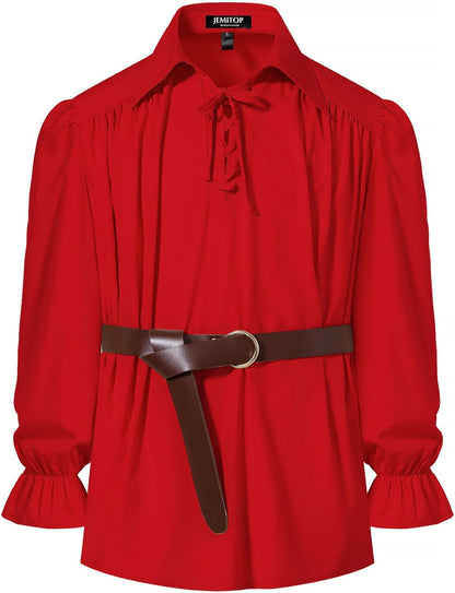 JEMITOP Men's Vintage Ruffled Lace Up Shirts for Pirate Vampire Renaissance Gothic Victorian Steampunk Costume Without Belt