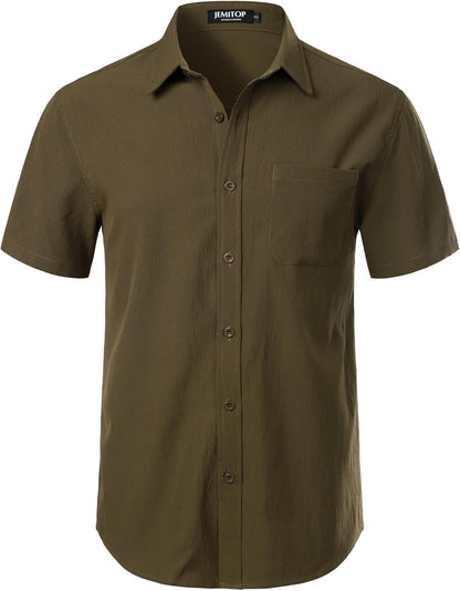 JEMITOP Men's Stretch Wrinkle Free Short Sleeve Texture Shirt Summer Lightweight Button Down Shirts for Beach Vacation