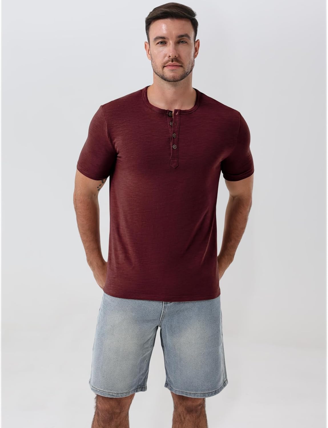 JEMITOP Men's Stretchy Short Sleeve Slim Fit Henley T-Shirt Casual Cotton 4 Buttons Tee Shirts