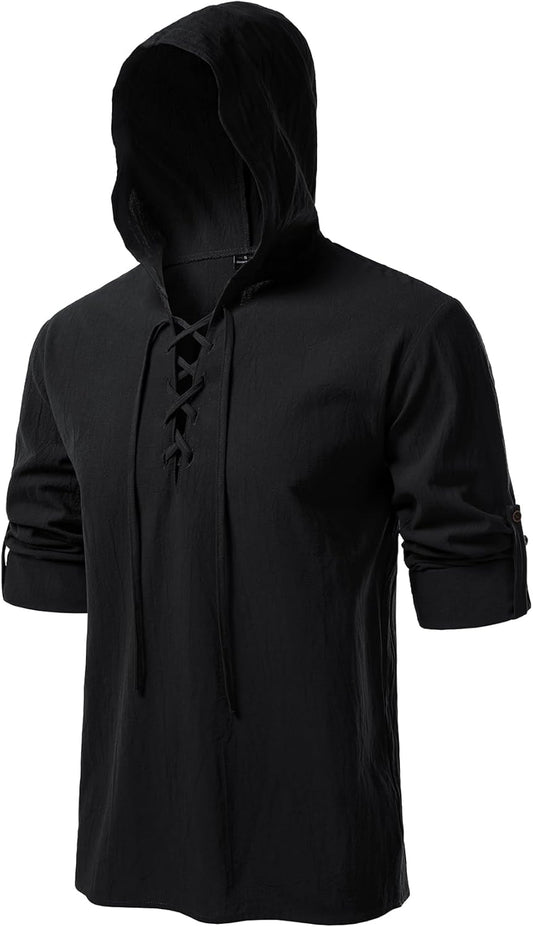 JEMITOP Men's Pure Cotton Retro Style Lace Up Hooded Shirts for Renaissance Pirate Viking Medieval Costume
