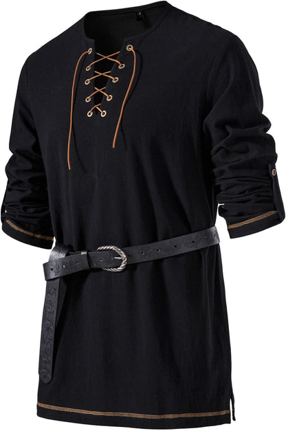 JEMITOP Men's Pure Cotton Lace Up Retro Shirts for Pirate Renaissance Medieval Viking Costume Without Belt