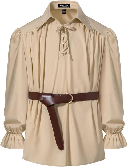 JEMITOP Men's Vintage Ruffled Lace Up Shirts for Pirate Vampire Renaissance Gothic Victorian Steampunk Costume Without Belt