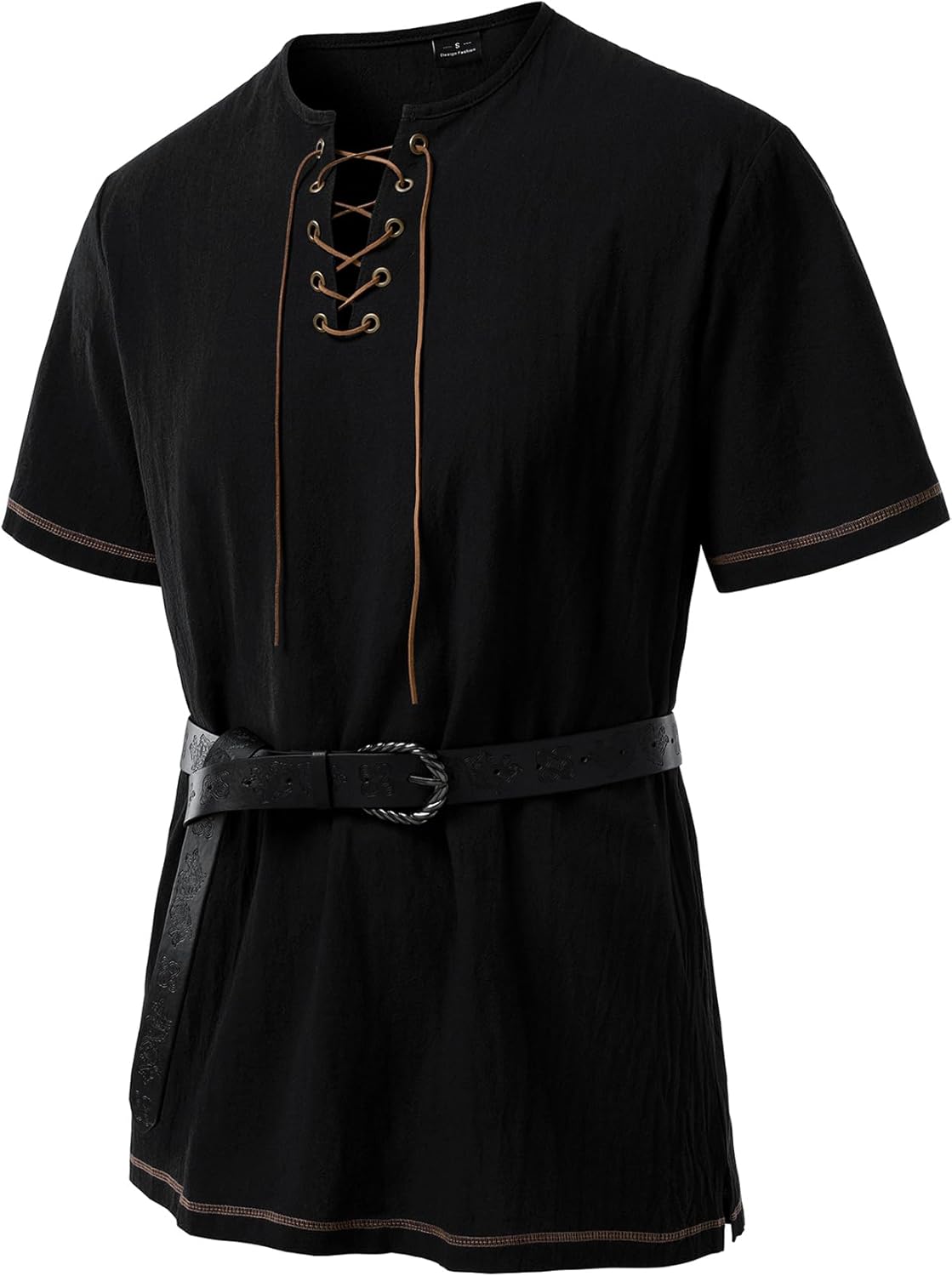JEMOTOP Men's Pure Cotton Retro Short Sleeves Lace Up Shirts for Casual Renaissance Pirate Medieval Viking Without Belt