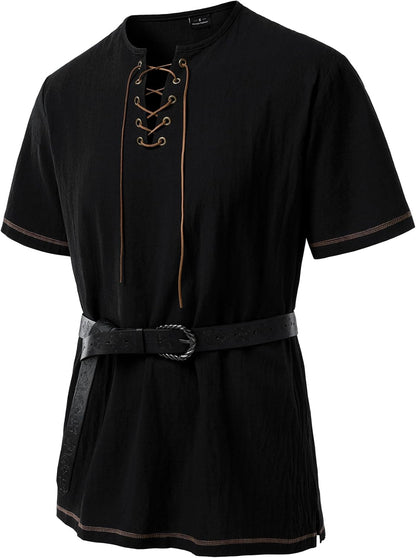 JEMOTOP Men's Pure Cotton Retro Short Sleeves Lace Up Shirts for Casual Renaissance Pirate Medieval Viking Without Belt