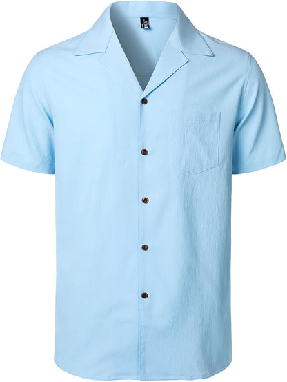JEMITOP Men's Stretch Cuban Collar Shirt Summer Lightweight Short Sleeve Button Down Shirts with Pocket for Beach Vacation