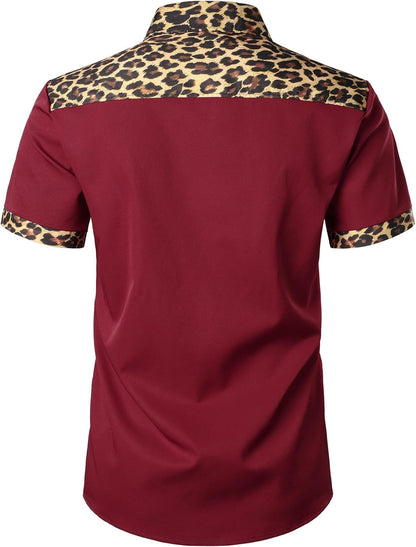 JEMITOP Men's Stretchy Causal Leopard Cheetah Print Short Sleeve Slim Fit Button Up Shirt