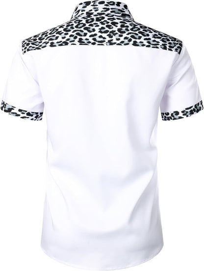 JEMITOP Men's Stretchy Causal Leopard Cheetah Print Short Sleeve Slim Fit Button Up Shirt