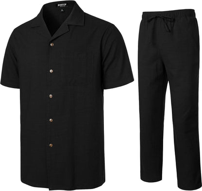 JEMITOP Herren-Set aus Leinen, 2-teilig, Sommer, entspannte Passform, kubanischer Kragen, Spazieranzug für Strand, Hochzeit, Urlaub