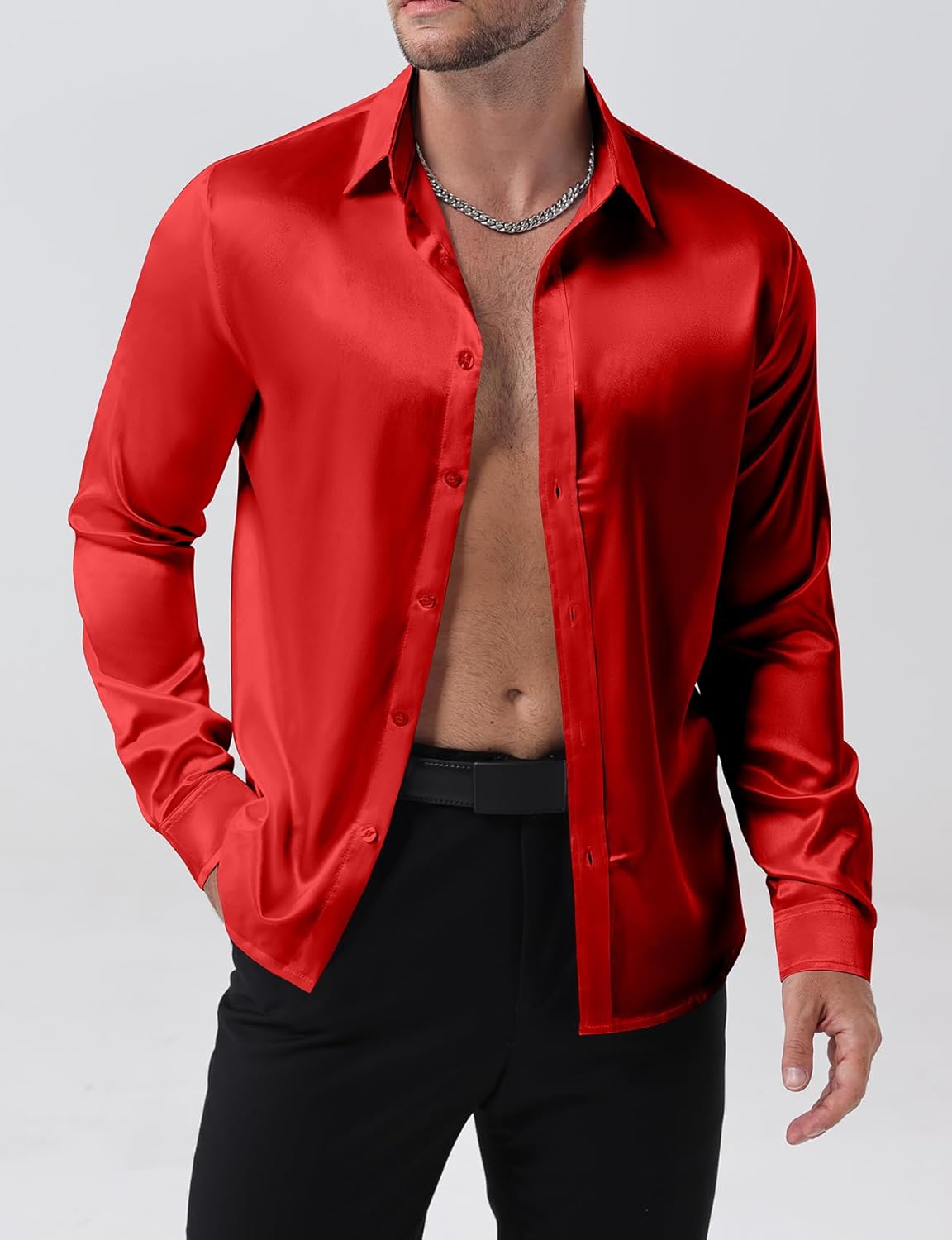 JEMITOP Mens Shiny Luxury Satin Slim Fit Dress Shirts Silk-Like Glossy Long Sleeve Button Down Shirts for Wedding Party Prom