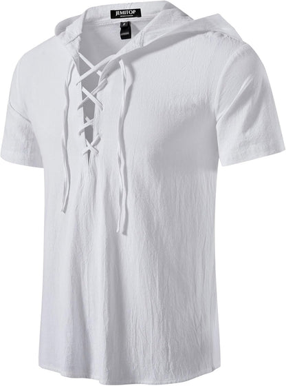 JEMITOP Men's Cotton Vintage Hooded Design Short Sleeve Lace up Shirts for Renaissance Pirate Viking Medieval Costume