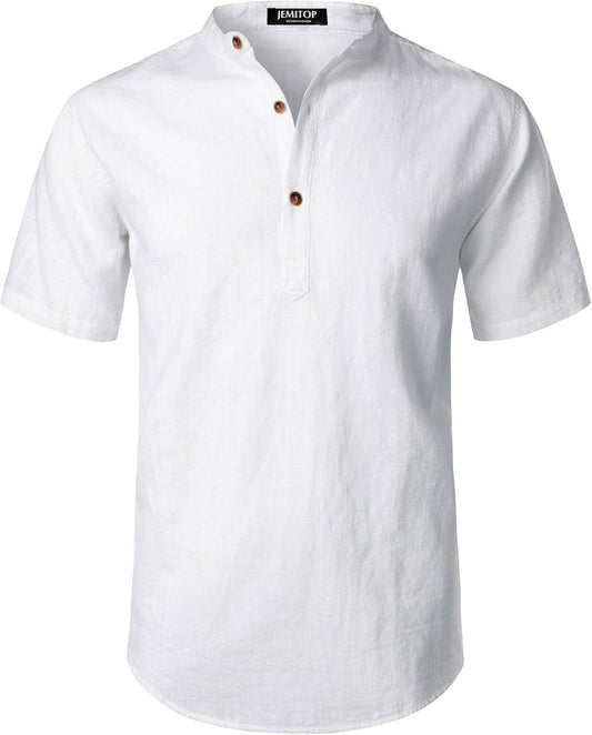 JEMITOP Men's Summer Lightweight Cotton Linen Shirts Casual Short Sleeve Breathable Banded Collar Henley for Beach Vacation