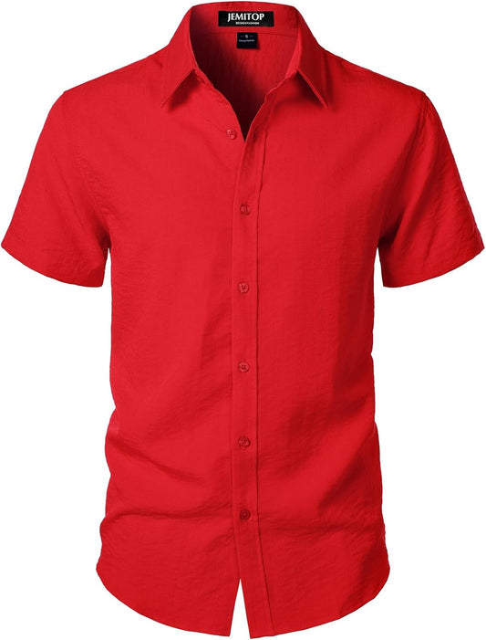 JEMITOP Men's Stretch Textured Short Sleeve Button Down Shirts Summer Casual Beach Wedding Vacation Shirt