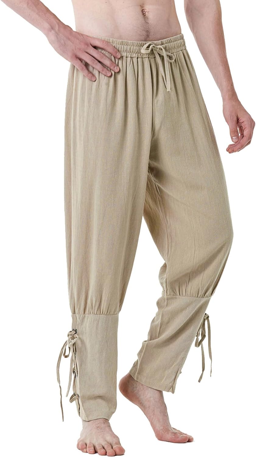 JEMITOP Men's Pure Cotton Vintage Ankle Banded Pants for Renaissance Pirate Viking Medieval Costume