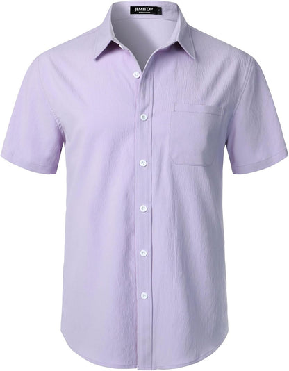 JEMITOP Men's Stretch Wrinkle Free Short Sleeve Texture Shirt Summer Lightweight Button Down Shirts for Beach Vacation