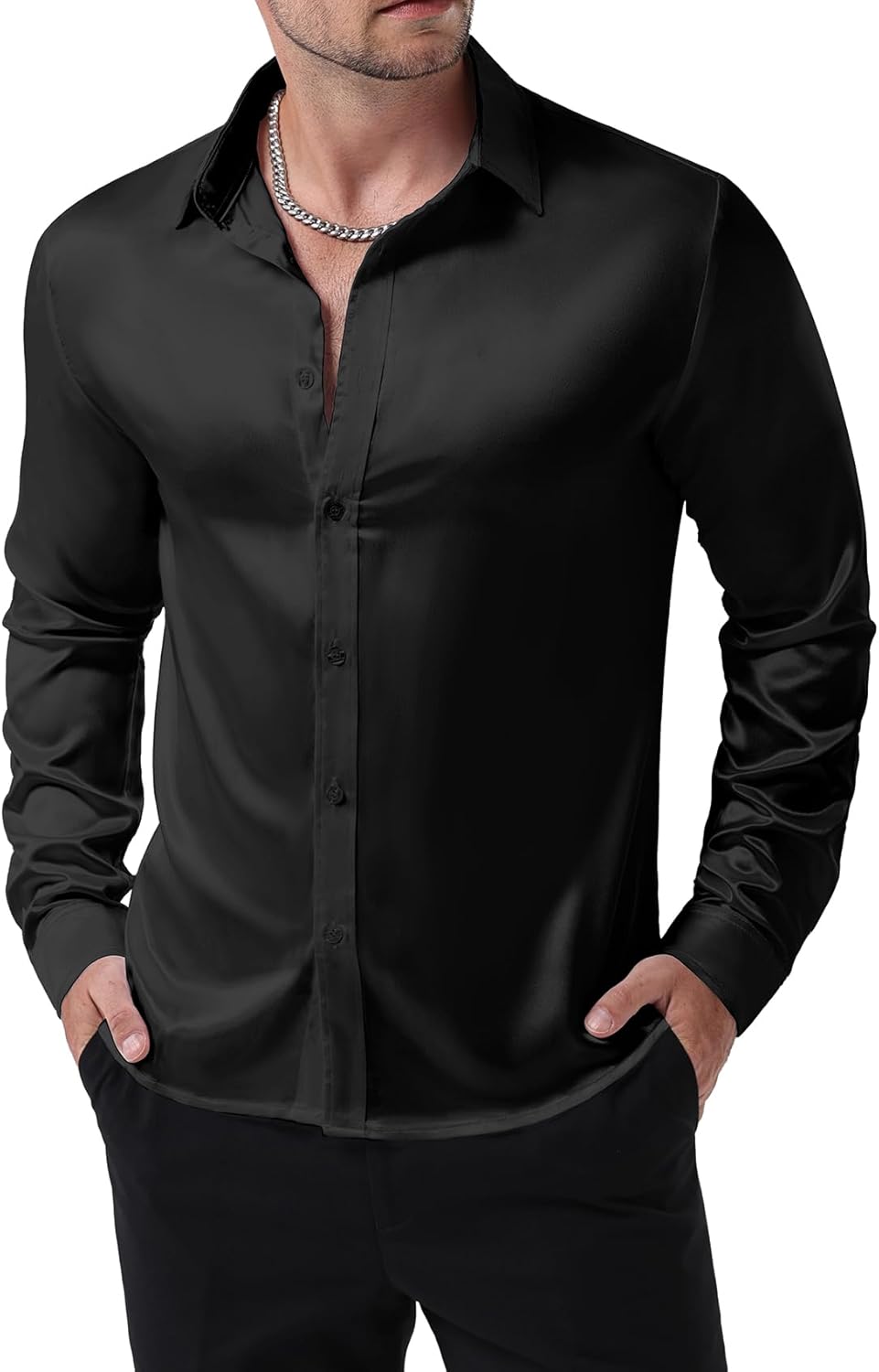 JEMITOP Mens Shiny Luxury Satin Slim Fit Dress Shirts Silk-Like Glossy Long Sleeve Button Down Shirts for Wedding Party Prom