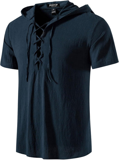 JEMITOP Men's Cotton Vintage Hooded Design Short Sleeve Lace up Shirts for Renaissance Pirate Viking Medieval Costume