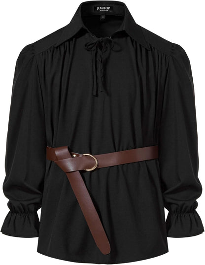 JEMITOP Men's Vintage Ruffled Lace Up Shirts for Pirate Vampire Renaissance Gothic Victorian Steampunk Costume Without Belt