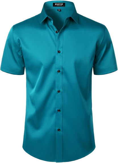 JEMITOP Herren-Hemd, dehnbar, knitterfrei, für formelle Anlässe, Hochzeiten, Abschlussbälle, kurzärmelig, Slim Fit, Button-Down-Hemd