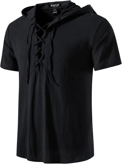 JEMITOP Men's Cotton Vintage Hooded Design Short Sleeve Lace up Shirts for Renaissance Pirate Viking Medieval Costume
