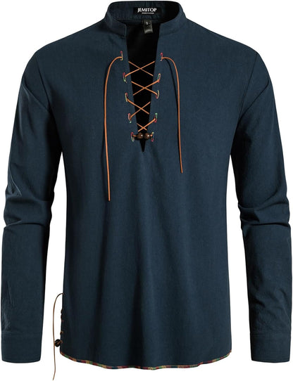 JEMITOP Men's Pure Cotton Retro Lace Up Shirts for Renaissance Pirate Viking Medieval